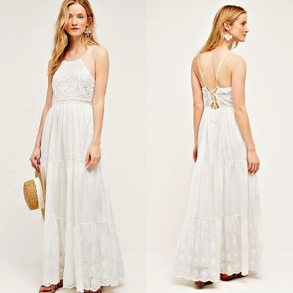 HD in Paris Midsummer White Eyelet Maxi Dress Lace Up Back XS